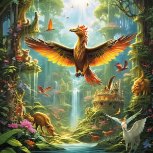 /imagine: a majestic griffin with golden feathers soaring above a cascading waterfall surrounded by lush greenery